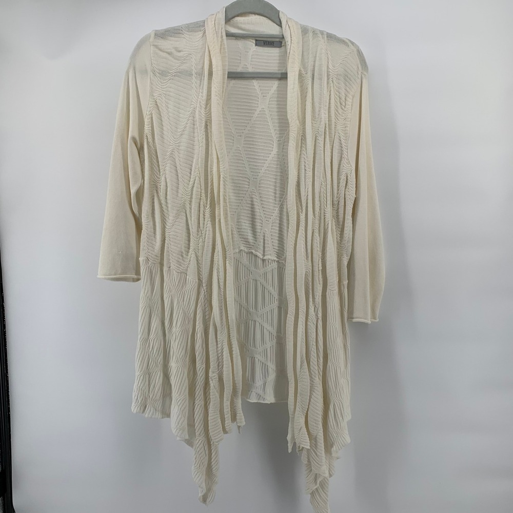 Boho Textured Cream Knit Drape Cardigan S - Sheer Waterfall Hem Layering Sweater